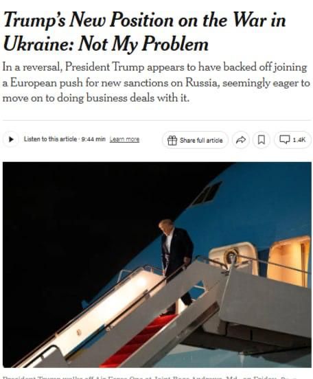 Новая позиция Трампа по Украине заключается в том, что это «не его проблема» - NYT