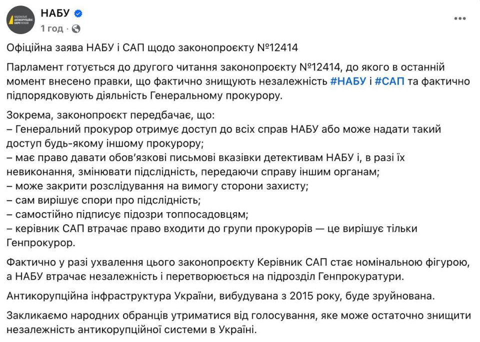 Верховная Рада поддержала в целом законопроект 12414 с правками, которые «по факту ликвидировали всю независимость НАБУ и САП», сообщает нардеп Железняк Верховная Рада поддержала в целом законопроект 12414 с правками, которые «по факту ликвидировали всю независимость НАБУ и САП», сообщает нардеп Железняк
