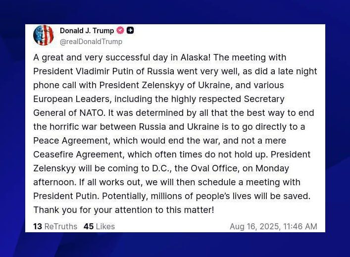 Полный текст заявления Дональда Трампа по результатам встречи с Путиным, опубликованный президентом США в своей соцсети: