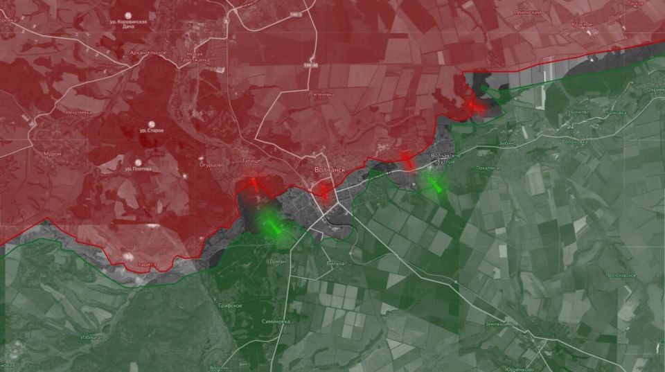 «На Харьковском направлении на левом берегу р. Волчья штурмовые группы ВС РФ, продвигаясь вперед, заняли три дома