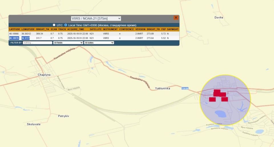 FIRMS показывает сильный пожар на станции Просяная в Днепропетровской области
