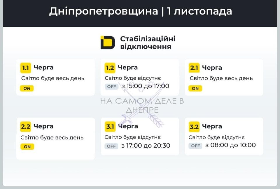 Днепропетровская область, график отключения электроэнергии