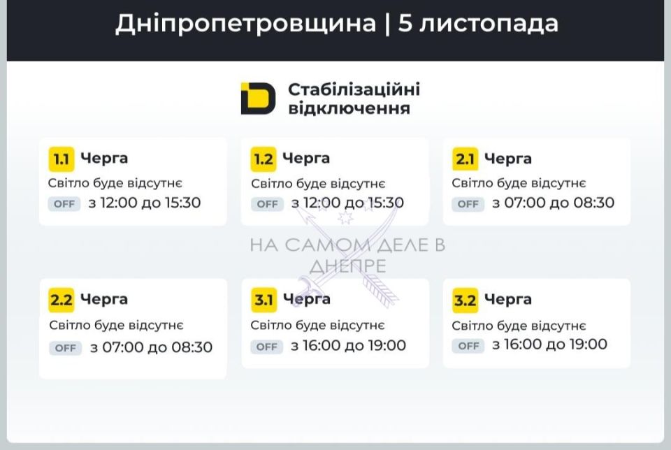 Днепропетровская область, график отключения электроэнергии