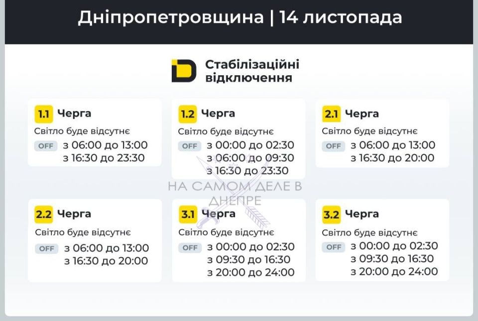 Днепропетровская область, график отключения электроэнергии