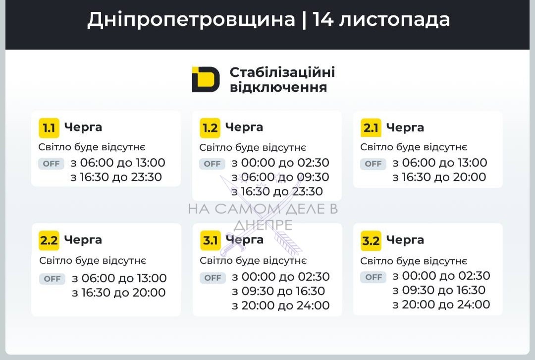 Днепропетровская область, график отключения электроэнергии