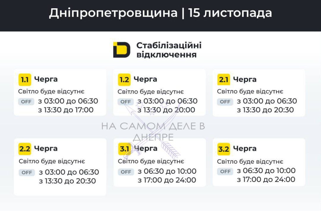 Днепропетровская область, график отключения электроэнергии
