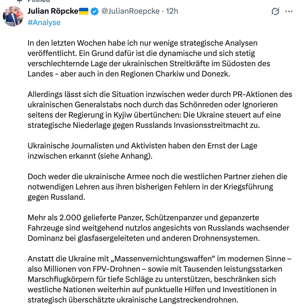 Украина движется к стратегическому поражению»: военный обозреватель Bild Рёпке о патовой ситуации, сложившейся для ВСУ