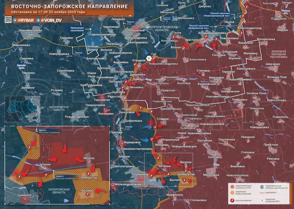 На Восточно-Запорожском направлении российские подразделения («Восток», 127-я дивизия) продолжают наступление, приближаясь к Гуляйполю